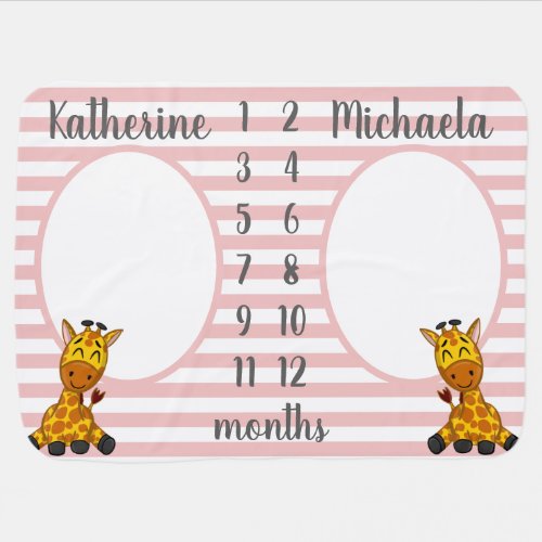 Personalized Giraffe Monthly Milestone Twin Girl Baby Blanket