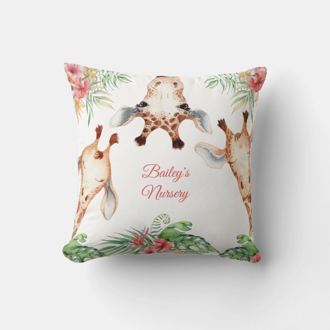 Personalized Giraffe Pink Floral Throw Pillow (Front)