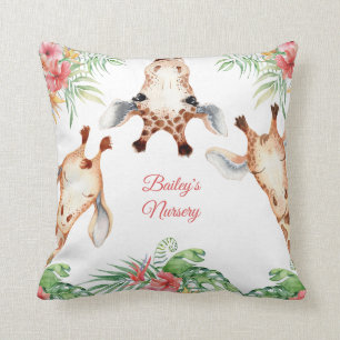 Personalized Giraffe Pink Floral Throw Pillow
