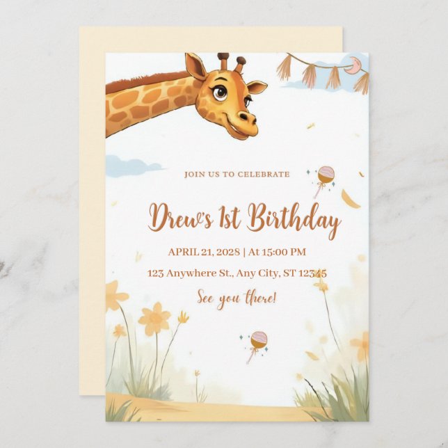 Personalized Giraffe Safari Birthday Invitation (Front/Back)