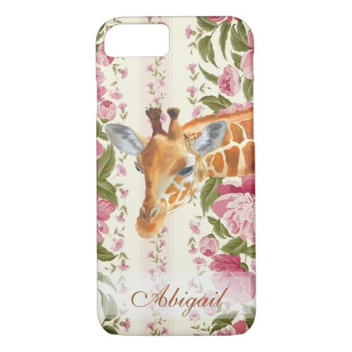 Personalized Giraffe with Pretty Pink Flowers iPhone 87 Case