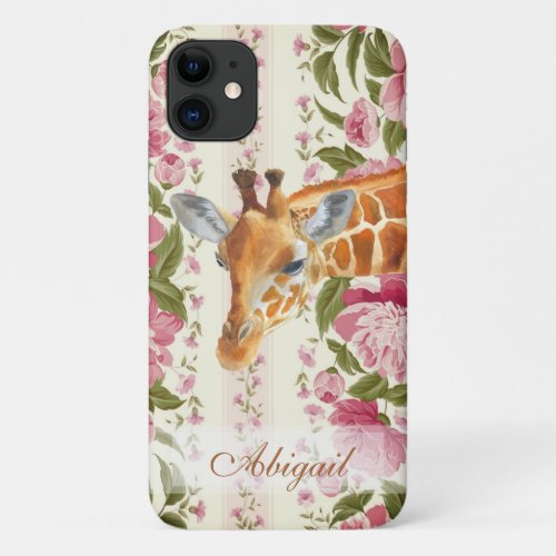 Personalized Giraffe with Pretty Pink Flowers iPhone 11 Case