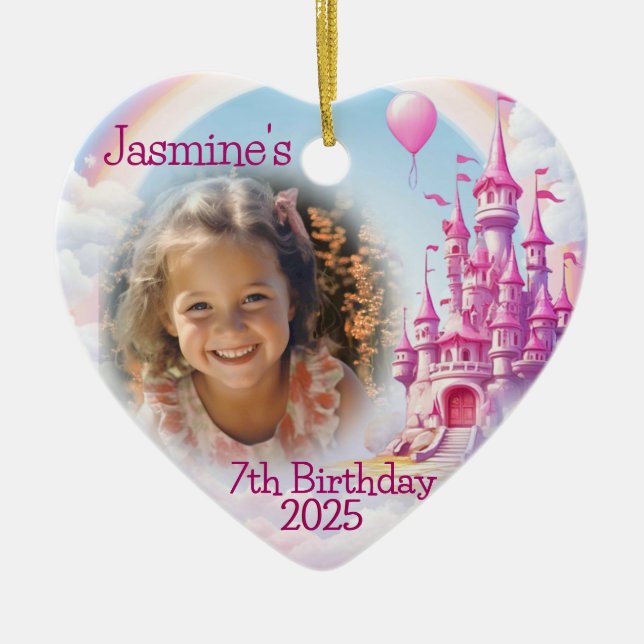 Personalized Girl 7th Birthday Photo Heart Gift Ceramic Ornament (Front)