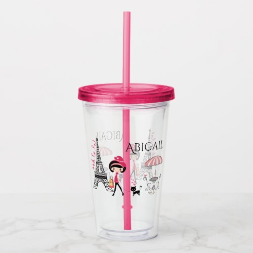 Personalized Girl and Cat Eiffel Tower Paris Acrylic Tumbler