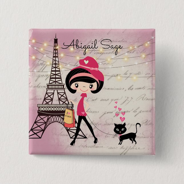Personalized Girl and Cat in Paris Eiffel Tower Button (Front)