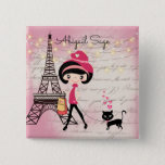 Personalized Girl And Cat In Paris Eiffel Tower Button at Zazzle