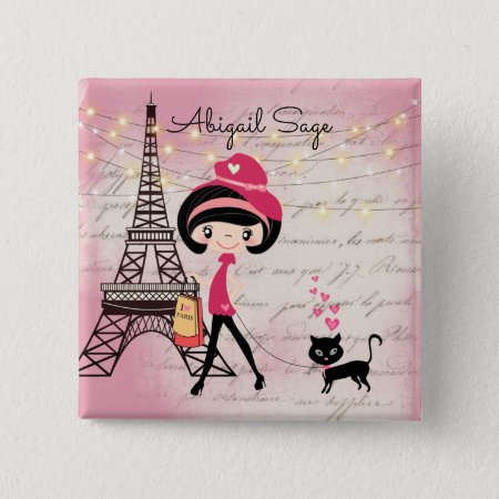 Personalized Girl And Cat In Paris Eiffel Tower Button
