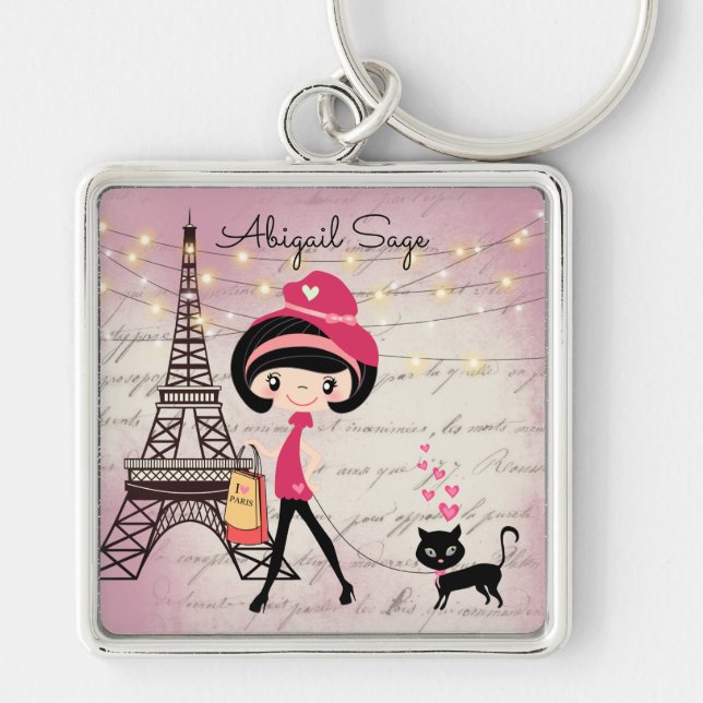 Personalized Girl and Cat in Paris Eiffel Tower Keychain (Front)