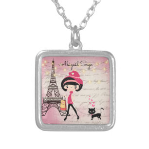 Personalized Girl and Cat in Paris Eiffel Tower Silver Plated Necklace