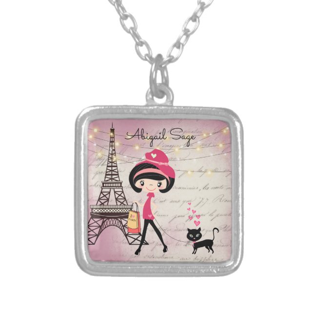 Personalized Girl and Cat in Paris Eiffel Tower Silver Plated Necklace (Front)