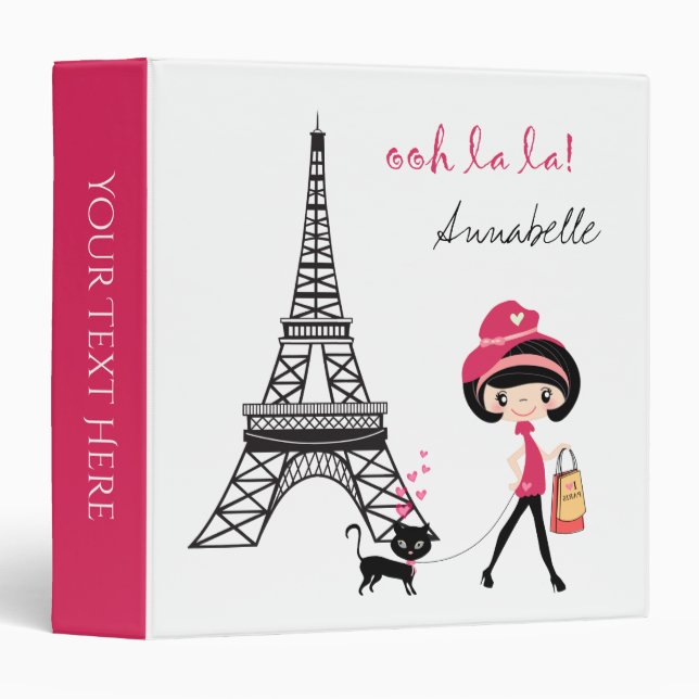 Personalized Girl and Cat Paris Eiffel Tower 3 Ring Binder (Front/Spine)