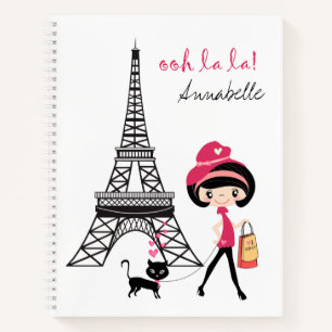 Personalized Girl and Cat Paris Eiffel Tower Notebook