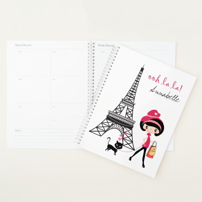 Personalized Girl and Cat Paris Eiffel Tower Planner (Display)
