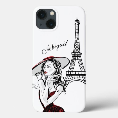 Personalized Girl and Eiffel Tower Black Red iPhone 13 Case