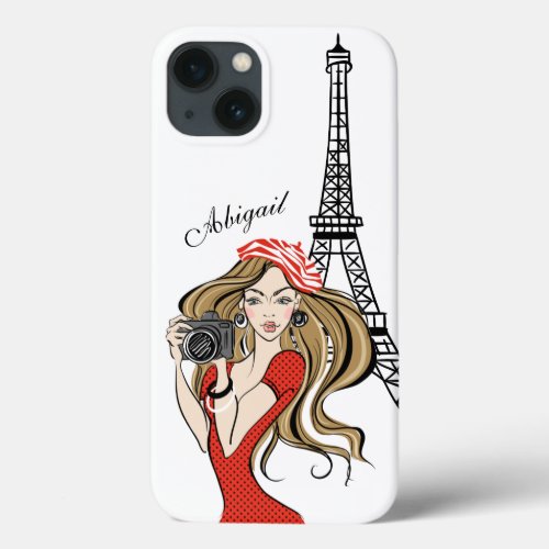 Personalized Girl and Eiffel Tower Black Red iPhone 13 Case