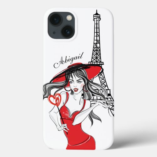 Personalized Girl and Eiffel Tower Black Red iPhone 13 Case