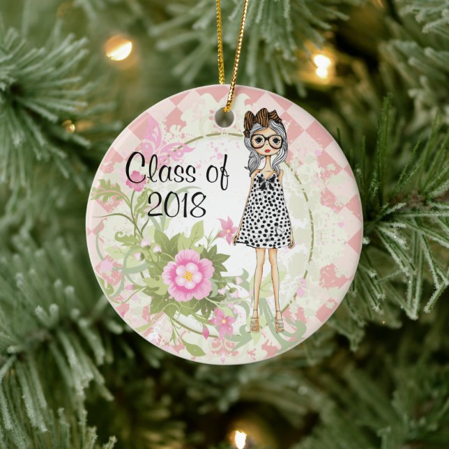 Personalized Girl and Flowers Graduation Christmas Ceramic Ornament (Tree)