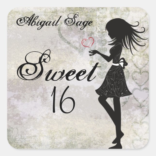 Personalized Girl and Hearts Sweet 16 Stickers (Front)