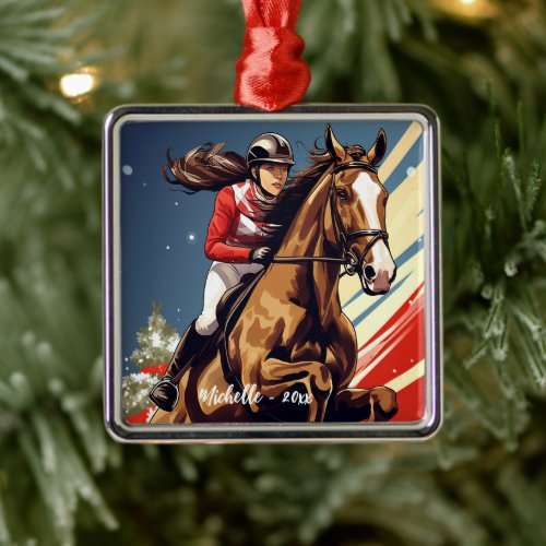 Personalized Girl and Horse Jumping Christmas Metal Ornament