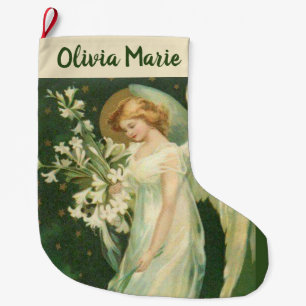 Personalized Girl Angel with flowers Large Christmas Stocking