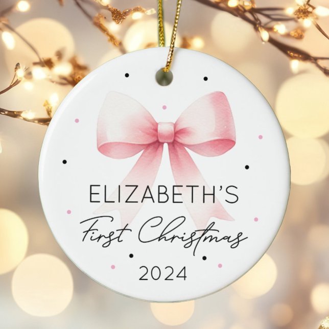 Personalized Girl Baby First Christmas Pink Bow Ceramic Ornament (Creator Uploaded)