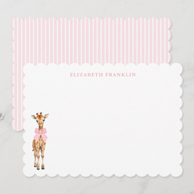 Personalized Girl Baby Shower Note Pink Giraffe  Thank You Card (Front/Back)