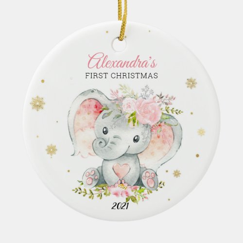 Personalized Girl Babys First Christmas Elephant  Ceramic Ornament