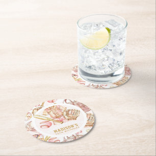 Personalized Girl Birthday Baseball  Round Paper Coaster