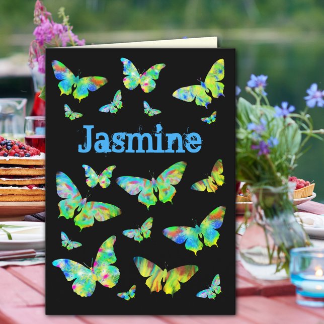 Personalized Girl Birthday Psychedelic Butterfly Card (Funky psychedelic butterflies on black add name personalized happy birthday greetings card)