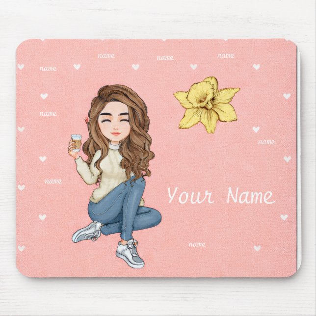 Personalized Girl Boss Mouse Pad with Hearts  (Front)