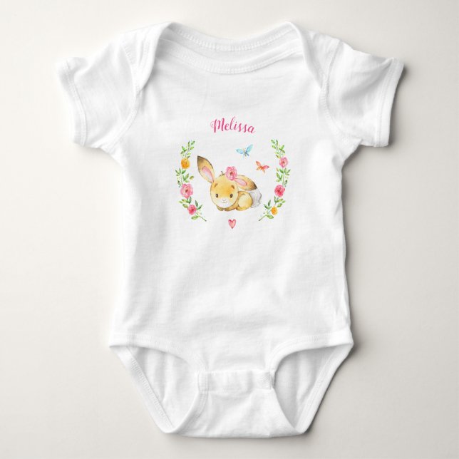 Personalized Girl Bunny Woodland Baby Shower Gift Bodysuit (Front)