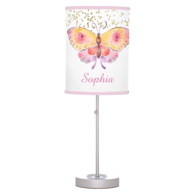 Personalized Girl Butterfly Gold Glitter Pink Table Lamp (Front)