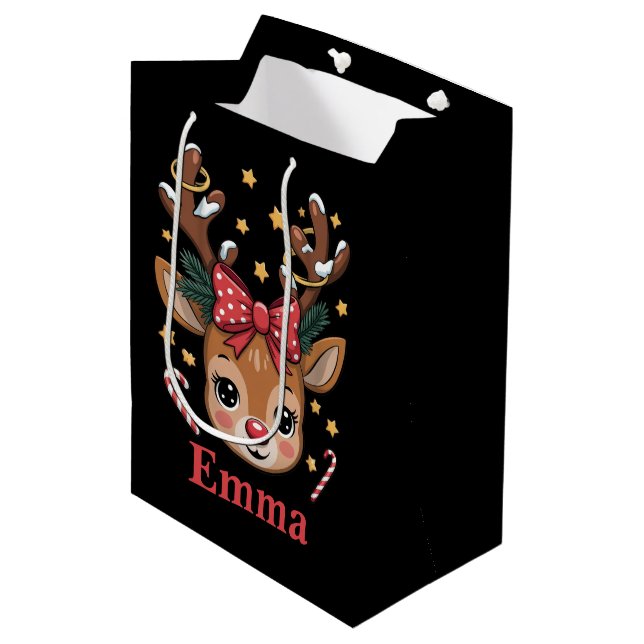 Personalized Girl Christmas Reindeer Family Xmas Medium Gift Bag (Front Angled)
