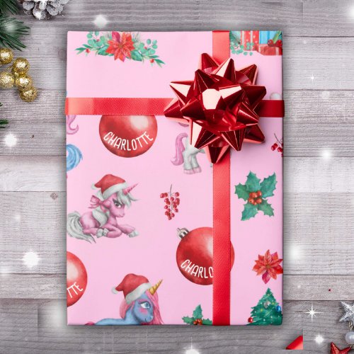 Personalized Girl Christmas Wrapping Paper Unicorn