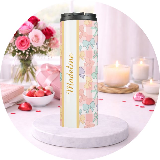 Personalized Girl Cute Bow Name Gingham Thermal Tumbler (Creator Uploaded)