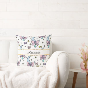 Personalized Girl Cute Bow Name Moons White Throw Pillow