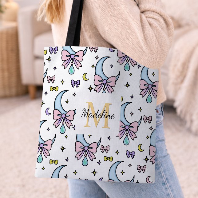 Personalized Girl Cute Bow Name Moons White Tote Bag (Creator Uploaded)