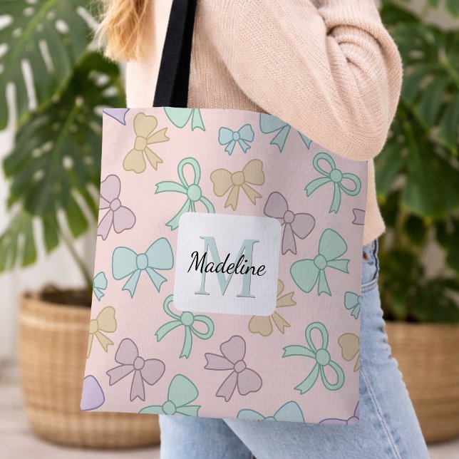 Personalized Girl Cute Bow Name Pastel Pink Tote Bag (Creator Uploaded)