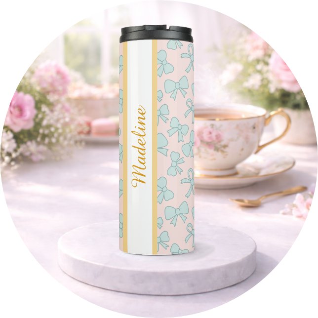 Personalized Girl Cute Bow Name Pink Blue Thermal Tumbler (Creator Uploaded)