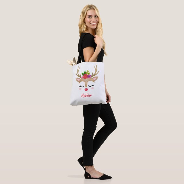 Personalized Girl Cute Christmas Reindeer Tote Bag (On Model)