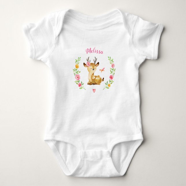 Personalized Girl Deer Woodland Baby Shower Gift Bodysuit (Front)