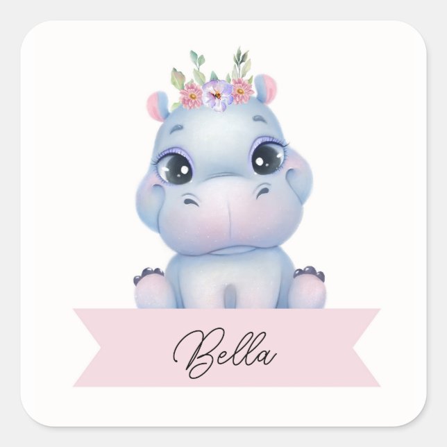 Personalized girl hippo  square sticker (Front)
