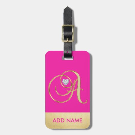 Personalized Girl Hot Pink Gold Monogram Letter A Luggage Tag