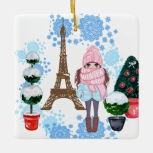 Personalized Girl in Paris Winter Eiffel Tower Ceramic Ornament