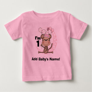 Personalized Girl Monkey in Party Hat 1st Birthday Baby T-Shirt