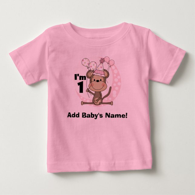 Personalized Girl Monkey in Party Hat 1st Birthday Baby T-Shirt (Front)