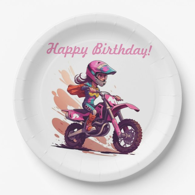 Personalized Girl Motocross Invitation Paper Plates (Front)