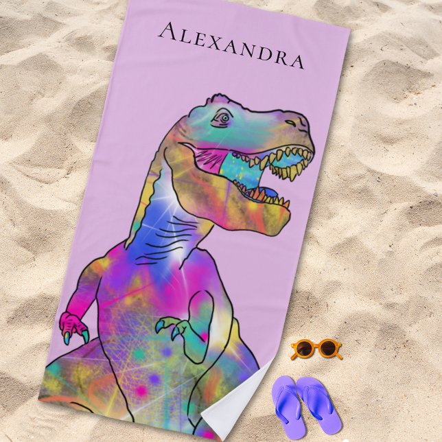 Personalized Girl Name Dinosaur Beach Towel (Personalized girl monogram name dinosaur beach towel colorful Jurassic T-Rex dino pink background
)
