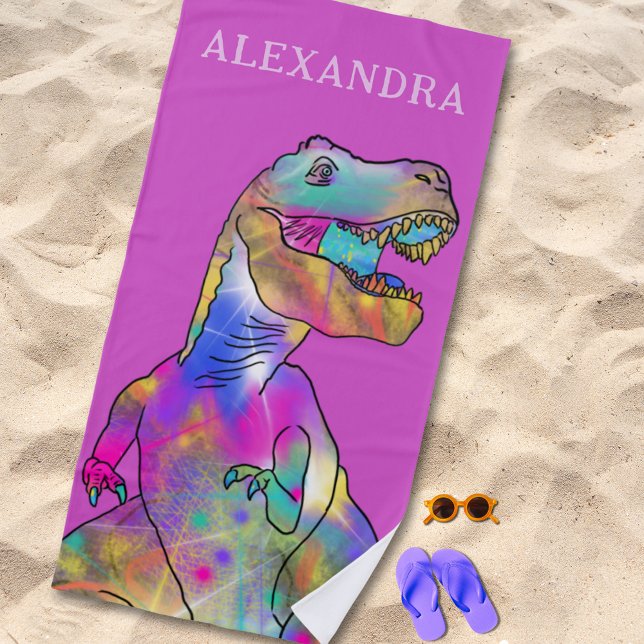 Personalized Girl Name Dinosaur Beach Towel (Colorful dinosaur T-rex custom name pink beach towel funky dino for girls)