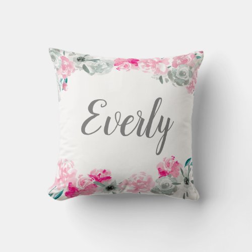 Personalized girl name monogram Watercolor floral Throw Pillow
